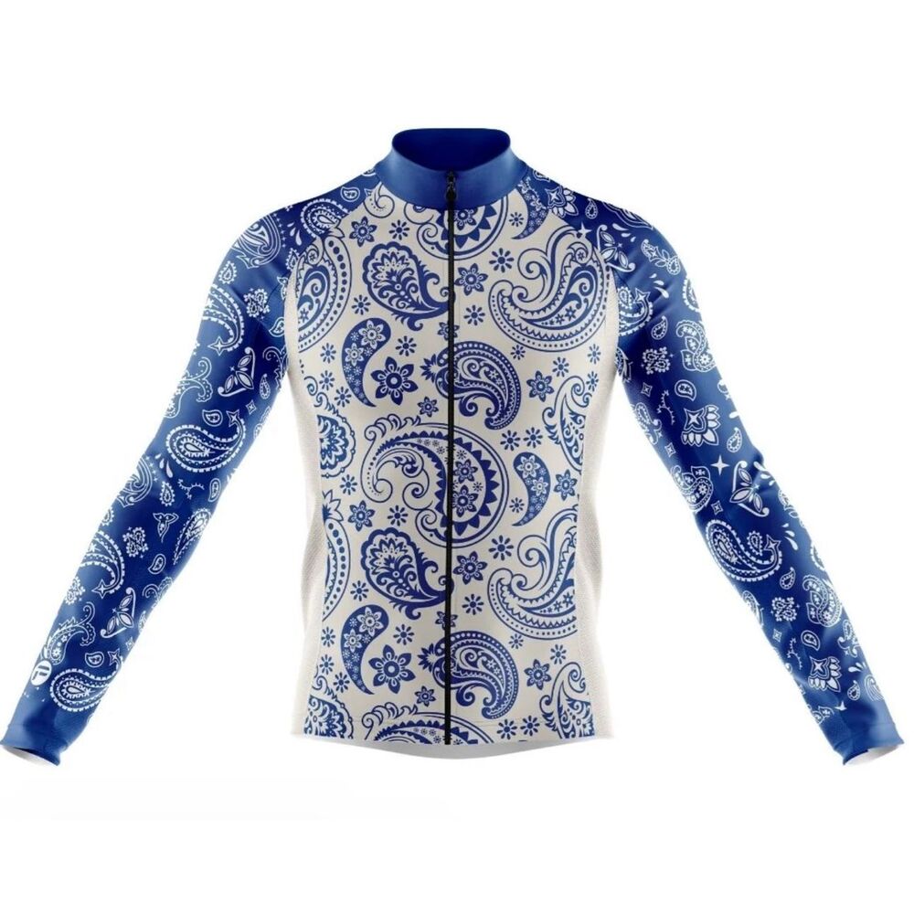 Frelsi Blue Serenity Men's Long Sleeve Cycling Jersey Size XL Blue White Paisley